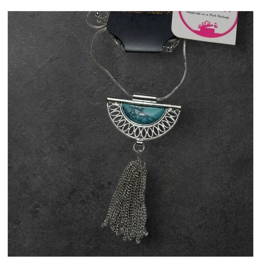 Nwt Maren Elena For Nadine West Silver And Faux Turquoise Tassel Necklace ~30
